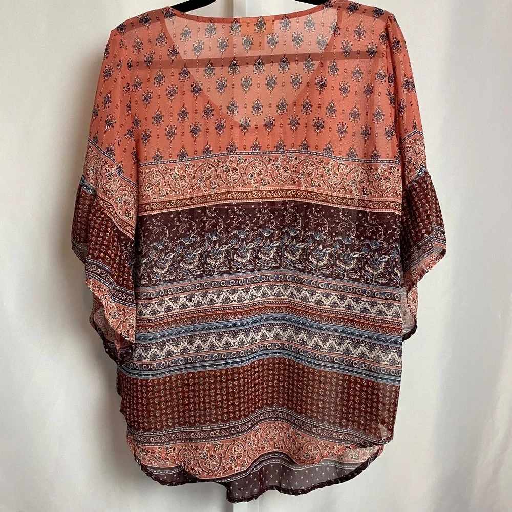 Style & Co Womenʻs Burgundy Pleated Bell Ruffle Sleeve Boho Top Petite Large